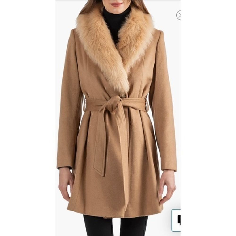 Toscana Genuine Lamb Shearling Collar Wool Blend Coat Sofia Cashmere  Size Large